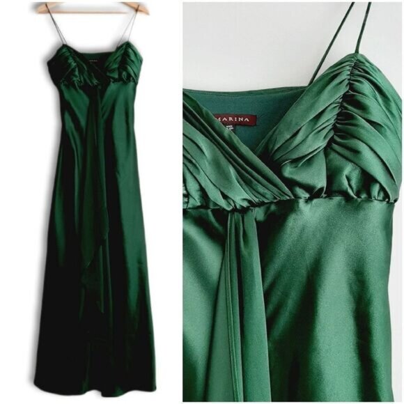 MARINA | Satin Empire Waist Front Drape Maxi Dress Green Sz 6 - Picture 1 of 16